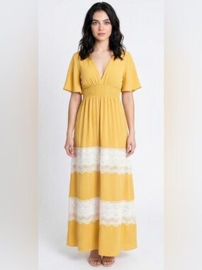 Smocked Waist Mustard Yellow Maxi Dress with Lace Trim